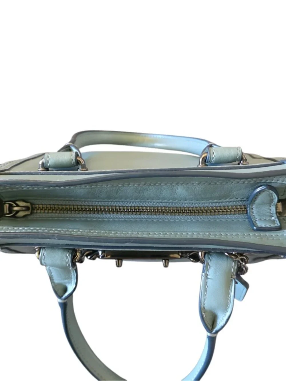 Coach Swagger 27 Cloud Blue Glovetanned Leather Satchel Chain Bag 59542 AUTH - Picture 15 of 16